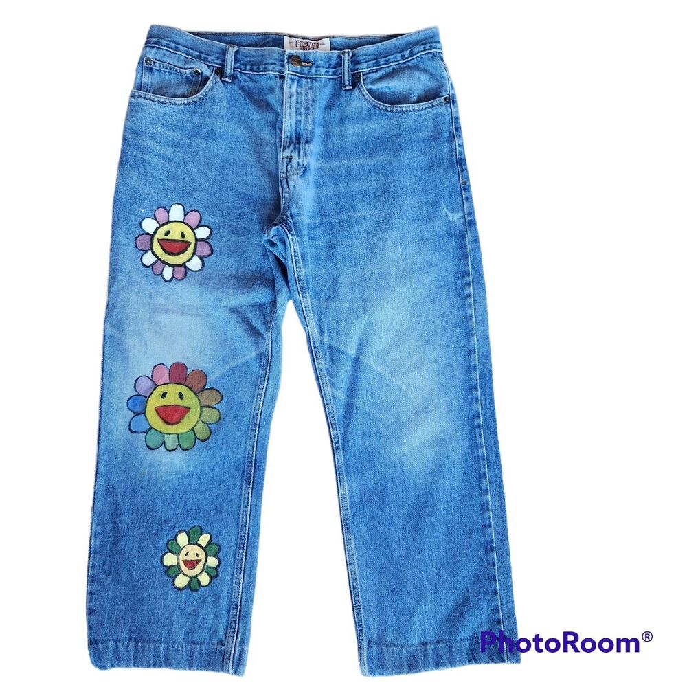 VTG Y2K Big Mac Jeans 35X26 Custom Painted Smiling Flowers Streetwear Boho Denim